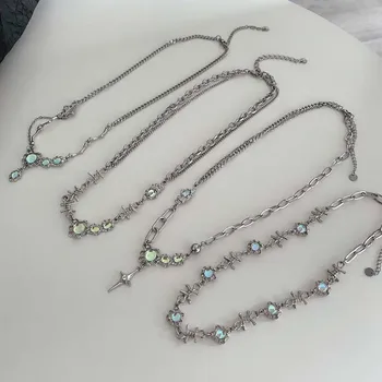 Vintage Viacvrstvových Pearl Srdce Choker Príveskom Náhrdelník pre Ženy Lesklé Crystal Opal Clavicle Reťazca Náhrdelník Y2K Šperky