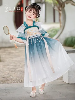 Dievča Dávnych Víla Hanfu Čínskom Tang Princess Modrá Kvetinové Výšivky Šaty Tradičný Festival Oblečenie