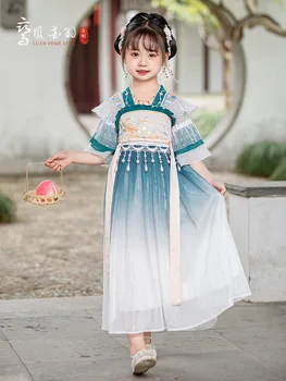 Dievča Dávnych Víla Hanfu Čínskom Tang Princess Modrá Kvetinové Výšivky Šaty Tradičný Festival Oblečenie Dievča Dávnych Víla Hanfu Čínskom Tang Princess Modrá Kvetinové Výšivky Šaty Tradičný Festival Oblečenie 1