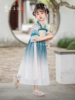 Dievča Dávnych Víla Hanfu Čínskom Tang Princess Modrá Kvetinové Výšivky Šaty Tradičný Festival Oblečenie Dievča Dávnych Víla Hanfu Čínskom Tang Princess Modrá Kvetinové Výšivky Šaty Tradičný Festival Oblečenie 3