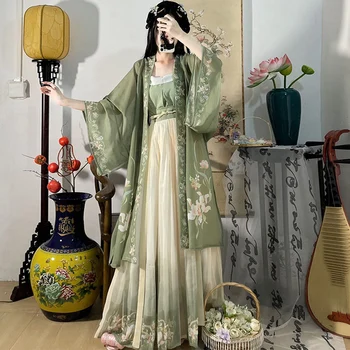 Čínsky Hanfu Šaty 3KS Sada Zelený Čaj Tečie Maxi Šaty Staroveké Čínske Ženy Výšivky Šaty, Kostým Princezná Tanečné Šaty