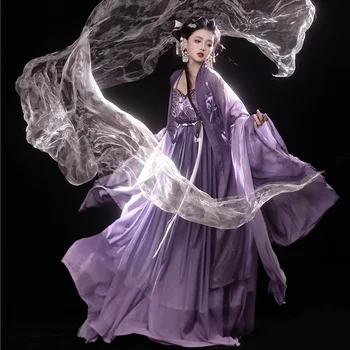 Čínsky Klasický Hanfu Fialová Víla Prúdi Veľké Rukáv Tričko dámske Šaty