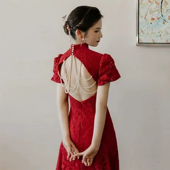 Yourqipao Lepšiu Cheongsam Čínsky Svadobný Prípitok Oblečenie 2023 Nové Burgundsko Zadné Dvere Zapojenie Šaty Backless Večerné Šaty