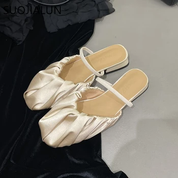 SUOJIALUN 2023 Jeseň Ženy Papuče Módne Kože Skladaný Dámske Elegantné Sandále Topánky Námestie nízke Vonkajšie Náklon Pošmyknúť Na Tkaných Topánky