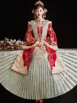 Tradičné Ming Systém Flitrami Vyšívanie Korálkami Manželstva Nastaviť Nevesta Ženícha Prípitok, Vintage Oblečenie, Svadobné Šaty Cheongsam