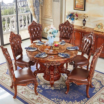 Mramor jedálenský stôl a stoličky zmes luxusu masívneho dreva Americký starožitné masívneho dreva okrúhly jedálenský stôl