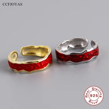 CCFJOYAS 925 Sterling Silver Červená Štruktúry Skloviny Prstene pre Ženy Geometrické Nezrovnalosti Otvoriť Krúžok Svadobné Party Jemné Šperky