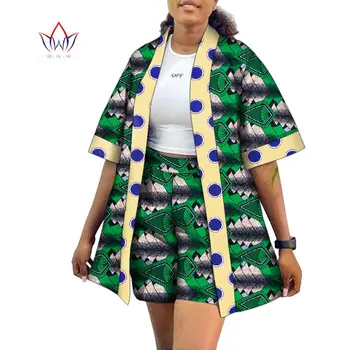 Africké Oblečenie pre Ženy, v Lete 2 Kusy Nastaviť Africkej Tlače Dlhé Predné Otvorené Kabát Topy a Krátke Nohavice Ženy Oblečenie Nastaviť WY10193