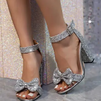 Xibeilove 2023 Nové Luxusné Ženy Sandále Lesklé Luk Flitrami Zlato Strieborné Spony Hrubé Podpätky Vysoké Podpätky Strany Svadobné Topánky